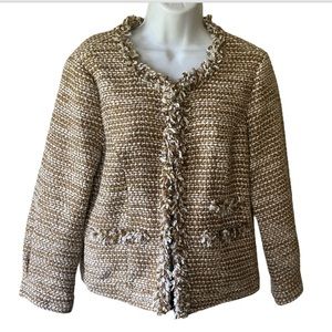 CAbi Tweed Phoebe Blazer Jacket Plaid Gold Boucle Fringe Trim 3/4 Sleeve